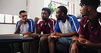 Discussion, watching tv or friends eating on sofa, sports tournament or chat for soccer match forecast. Speaking, men and football fans with pizza for game live stream, fast food and bonding in home