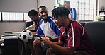 Friends, watching tv or man with phone on couch, soccer stats research or sports betting addiction. Distraction, home or happy fans with football match broadcast, mobile or attention for tournament