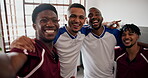 Selfie, face or football fans in house with friendship, bonding or digital memories with soccer tournament. Happy, sports or men with support, moment capture or joint excitement in viewing party.