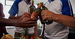 Friends, hands and cheers in home with beer, bonding together and celebration for sports match win. People, alcohol beverage and toast in house with glass bottle, football game victory and gathering.