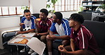 Men, soccer or watching tv with pizza on sofa for live game, entertainment or match in home. Male people, friends or group of football fans eating food for social gathering or sport subscription