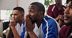 Nervous, friends or man watching tv in home, football competition or worry for final tournament round. Broadcast, anxious or people with stress for soccer match pressure, live stream or sports fans