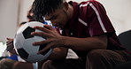 Hands, watching tv and friends with soccer ball, frustrated or match loss with rival competition. Football, sports fans and man with television, support team or disappointed with game results in home