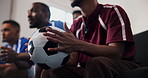 Hands, watching tv and man with soccer ball in home, anxiety or loss with rival competition. Football, sports fans and friends with television for match, support team and nervous for game results
