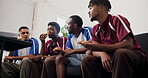 Discussion, watching tv or friends eating on couch, sports tournament or chat for soccer match forecast. Speaking, men and football fans with pizza for game live stream, low angle and bonding in home