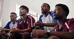 Celebration, excited and friends watching tv in home, rival teams or competitive fans for football game. Handshake, below or people with soccer match live stream on sofa, frustrated or happy for goal