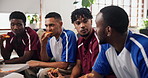Happy men, soccer or watching tv with pizza on sofa for live game, entertainment or match in home. Male people, friend or group of football fans eating food for social gathering or sport subscription