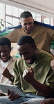 Celebration, friends or watching sport on tablet in home for match goal, fist pump or South African win. Football, excited men and tech with handshake on sofa for world cup score, live game and flag