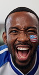 Face paint, watching tv or black man with celebration for soccer in home, match success or sport. Portrait, television or excited fan with win for game, football competition or American flag with POV