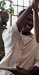 Happy men, celebration and watching sport with tablet for winning, success or good game in home. Excited, male people or group of friends with high five or technology for online entertainment or app