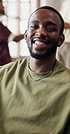 Face, man and relax with smile at house for peace, calm morning and comfortable on sofa. Portrait, male person and laughing on couch with positive attitude, weekend break and funny joke at gathering