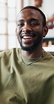 Happy, man and relax with face in home for peace, calm morning and comfortable Saturday. Portrait, male person and laughing with positive attitude, weekend break and funny joke at gathering at house