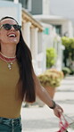 Shopping bag, sale and smile with woman in city for black Friday deal, gift and discount. Savings, promotion and boutique product with person outdoor for vip customer, freedom and retail therapy