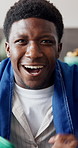 Face, watching tv or black man with celebration for sports in home, match success or soccer goal. Portrait, television and excited fan with win for game, football competition or support with POV