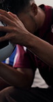 Hands, watching tv and man with soccer ball, loss or frustrated with match for rival competition. Football, sports fans and friends with television, defeat or disappointed with game results in home