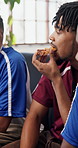 Watching tv, pizza and friends in home for sports discussion, match debate or soccer rivalry. Fast food, men or football fans in living room for streaming game, eating or talk for support at hangout