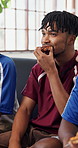 Friends, pizza and watching tv in house with sports fan, conversation and bonding together on weekend. People, eating fast food and talk in lounge with football broadcast, entertainment and hangout.