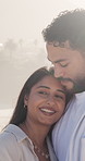 Thinking, couple and smile with love outdoor for travel, adventure and bonding together. Happy, people and sightseeing with romantic embrace, partner affection and relationship commitment on vacation