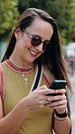 Phone, smile and woman outdoor with texting, networking or chatting on mobile app for communication. Technology, connection and female person with cellphone for contact, email or social media.