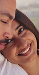 Love, smile and date with couple in nature for travel, summer and vacation together. Peace, man and woman with support for holiday, bonding and romance for weekend break and relax for honeymoon trip