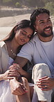 Travel, hug or couple at beach with smile, commitment or bonding together on summer holiday. Trip, happy man or woman with embrace, romantic connection or healthy relationship on outdoor getaway.