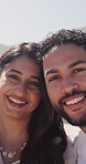 Travel, face or couple outdoor with happiness, commitment or bonding together on summer holiday. Trip, man or woman with portrait, romantic connection or healthy relationship on getaway break.
