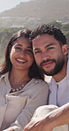 Travel, face or couple outdoor with smile, commitment or bonding on summer holiday. Trip, happy man or woman outside with portrait, romantic connection or healthy relationship on getaway together.