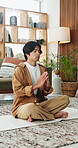 Yoga, man and meditation with prayer hands on mat for stress relief, inner peace and mindfulness. Relax, person and namaste pose on floor for zen practice, spiritual healing and align chakra in home