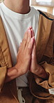 Yoga, prayer hands and man in home for meditation, mindfulness or holistic exercise for wellness. Yogi, namaste and person in house for zen with health, inner peace and calm for fitness with chakra