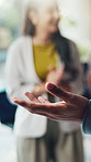 Applause, hand and presentation with business person in office for announcement or achievement. Audience, crowd and speech with speaker in professional workplace for meeting, motivation or success