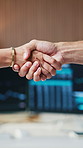 People, handshake and trading with team at office for thanks, goals or success at agency. Staff, excited and celebration with shaking hands, profit or announcement with fintech at investment company