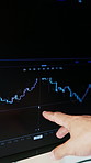 Hands, trading and computer screen with stats in office with point, review graphs and stock market. Person, pc and investor for data, charts and fintech for portfolio, valuation or revenue at agency