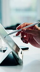 Creative, stylus and hand with tablet in office, artist and illustration for logo design on website. Online, graphic designer and person with tech for digital art, coworking and sketch with software