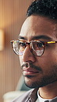 Business, computer and reflection in glasses with man in office for web design or development. Eyewear, feedback and reading with designer in creative workplace for agenda, planning or review