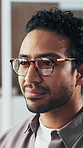 Business, reflection in glasses and thinking with man in office for web design or development. Computer, eyewear and smile of happy designer in creative workplace for agenda, planning or review