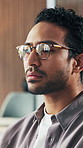 Computer, glasses and reading with business man in office for web design or development. Eyewear, feedback and typing with designer in creative workplace for agenda, online review or planning
