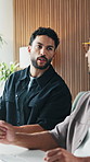 Business, feedback and talking with men at desk in office together for web design or development. Computer, collaboration and discussion with employee people in workplace for help, review or teamwork