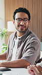 Business, pointing and talking with man at desk in office together for web design or development. Computer, collaboration and question with employee people in workplace for help, review or teamwork