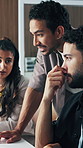 Computer, talking and thinking with business people in office together for feedback or review. Collaboration, conversation and planning with employee team at desk in workplace for project management