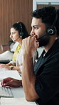 Business people, headset and consultant with team in agency for customer service or response. Businessman, woman or agents coworking with computer or mic for virtual assistance together in workplace
