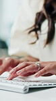 Woman, hands and typing in workplace with computer, proposal and planning for online advertising. Female person, browsing and email in office with desktop, creativity or report for digital marketing.