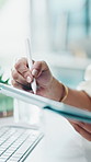 Hands, writing and stylus in office with tablet, creative woman and planning for web design project. Person, digital designer and notes with tech, artist application or research for site development.