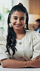Marketing, face or Indian woman in office with laugh, pride or job goals in advertisement agency. Confidence, coworking or branding director with smile, ambition and experience as media planner.