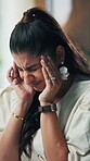 Headache, pain or woman with stress in creative agency,  massage temple or time management pressure. Migraine, overwhelmed or journalist with discomfort for news report deadline, burnout or tension