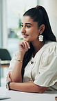 Smile, thinking and typing with business woman in office for planning, research or review. Computer, reading and solution with happy employee person in workplace for web design or development