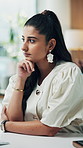 Computer, reading and thinking with business woman in office for planning, research or review. PC, problem solving and solution with employee person in workplace for web design or development