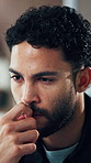 Thinking, business and man with ideas in office for vision, planning and solution for publication. Thoughts, male person and reading email with editor feedback, copywriting report and problem solving