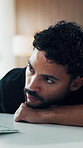 Man, tired and sleepy in office with computer, digital marketing challenge or boring online project. Exhausted, person and overworked in agency with desktop, burnout or fatigue for advertising crisis