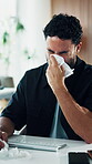 Man, computer and blowing nose in workplace with tissue, flu or sinus infection at marketing agency. Sick, person and clean face in office with toilet paper, virus symptoms or desktop for advertising
