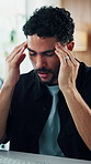 Headache, tired or man with stress in creative agency,  massage temple or time management pressure. Migraine, frustrated or journalist with brain fog for story deadline tension, overwhelmed or pain